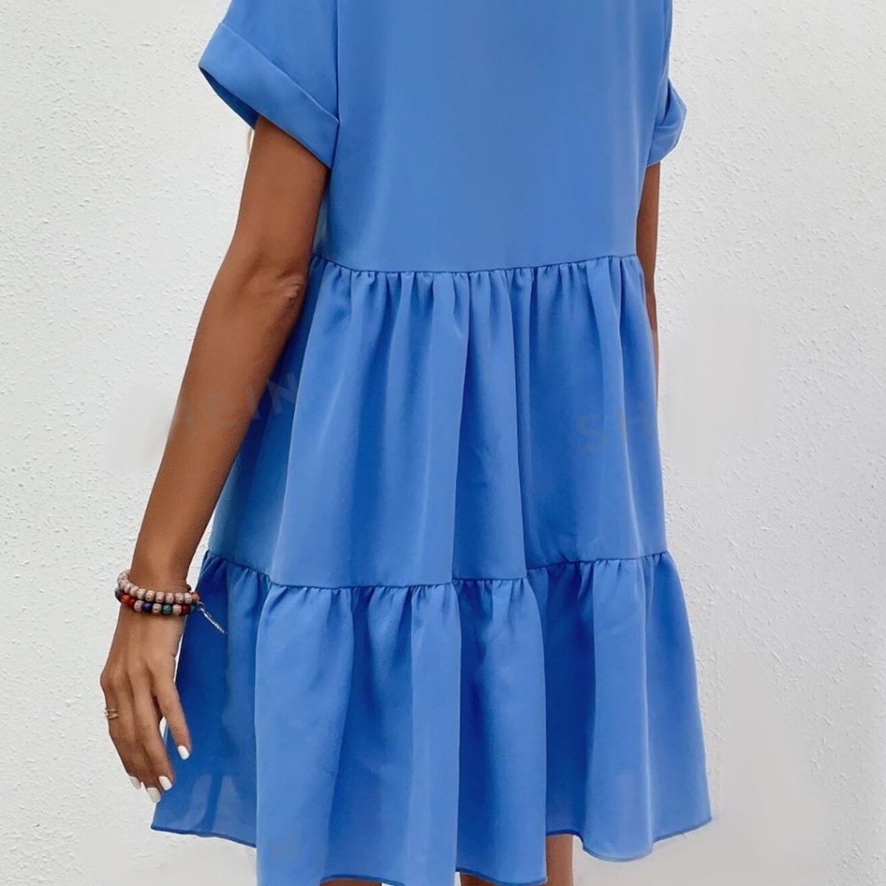 LUNE Roll Cuff Ruffle Hem Solid Dress - Picture 3 of 5